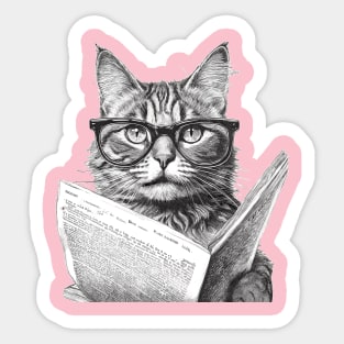 Cat with glasses reading paper. Sticker